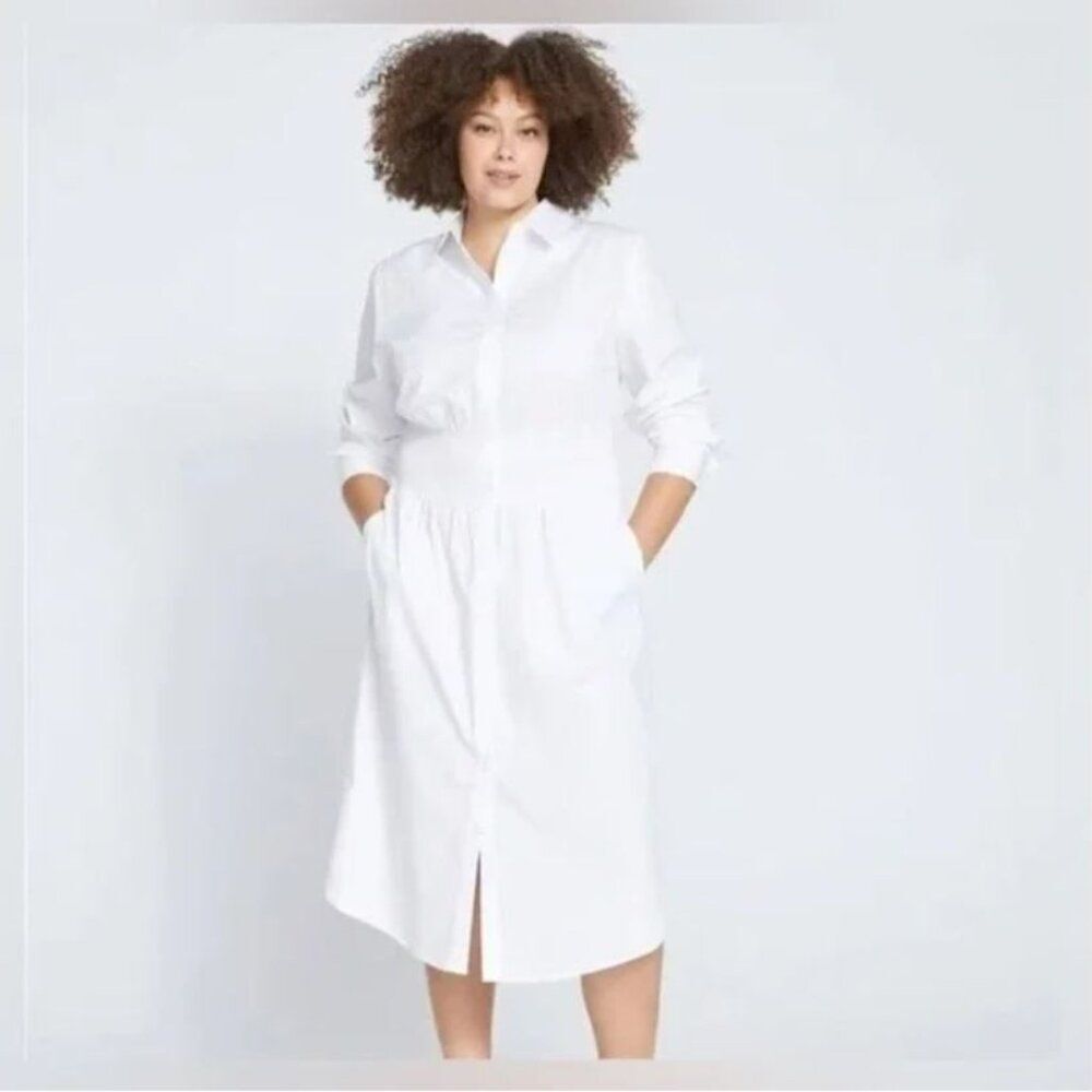Universal Standard Hamptons Smocked Midi Shirt Dress White Poplin SZ 18-20